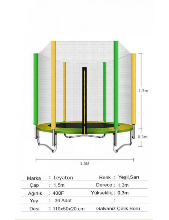 Leyaton Fileli Trambolin KATLANABİLİR 140 Cm LYT-198 - Resim 3