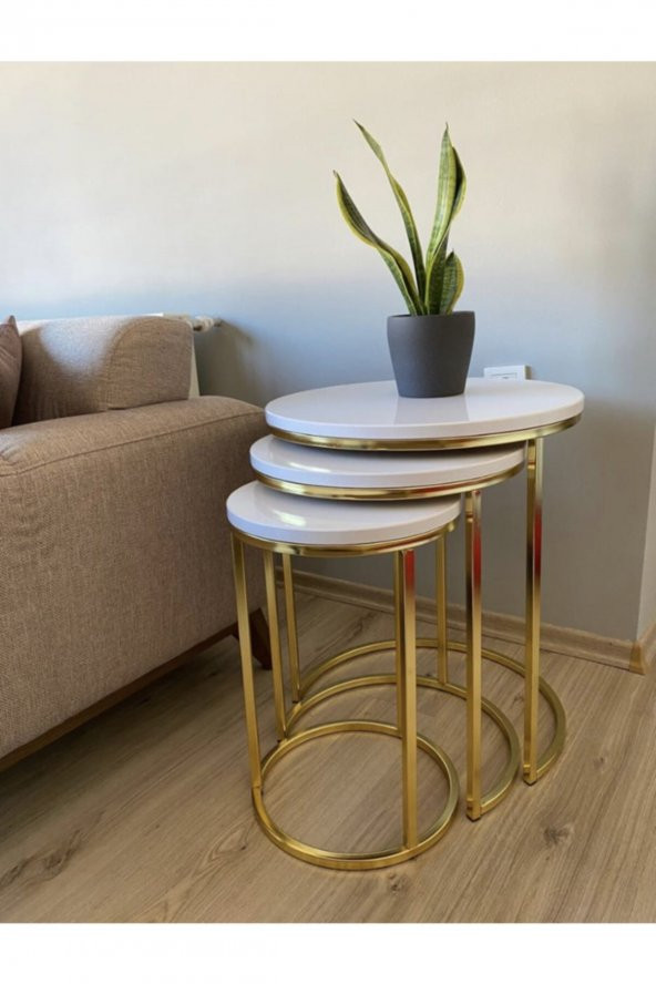 Zigon Sehpa 3lü Parlak Gold Ayak Mdf Tabla Süt Beyaz-bembeyaz ürün görseli 1