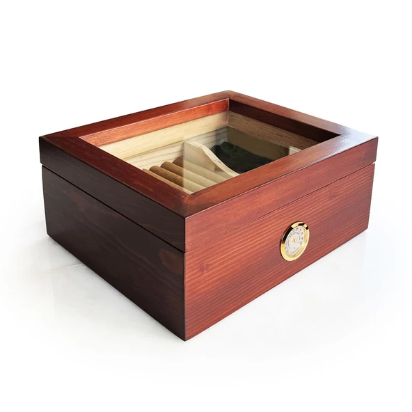 Mezmob Masif Yerli Sedir Ağacı Humidor Puro Kutusu Camlı 2 Bölmeli Analog ürün görseli 1