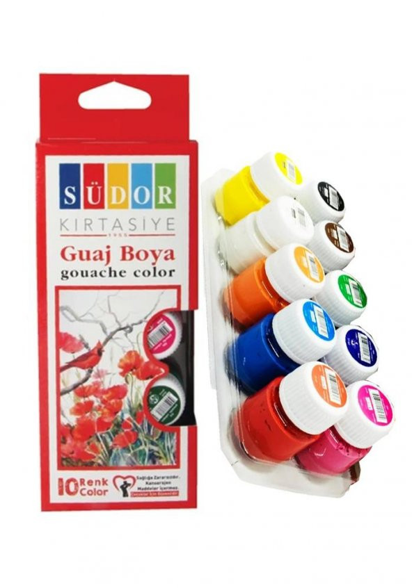 Guaj Boya 10 Renk x 20 Ml Su Bazlı Tüp 1 Paket Südor Guaj Boya Seti Şişe İçerisinde 10 lu ürün görseli 1