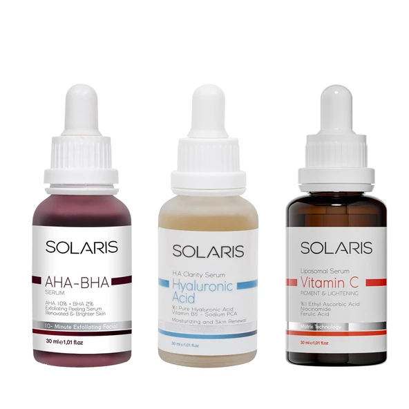 Solaris Cilt Tonu Eşitleyici Aha %10 + Bha %2 Serum ve Hyaluronik Asit Serum ve Leke Karşıtı C Vitamin Serum ürün görseli 1