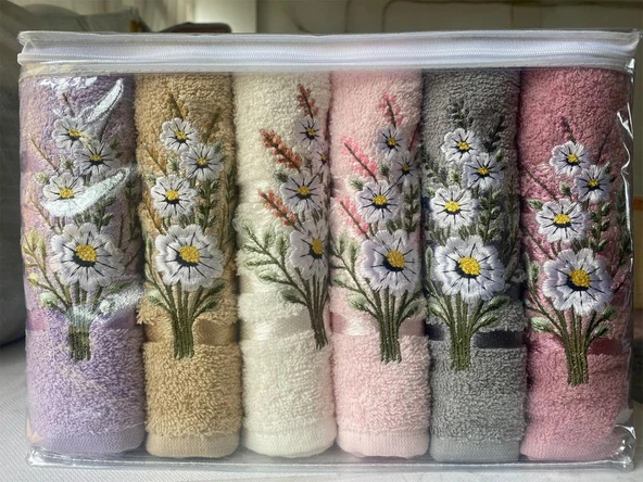 Daisy Flosh Bordürlü Nakışlı 6 lı El Yüz Havlu Takımı ürün görseli 1