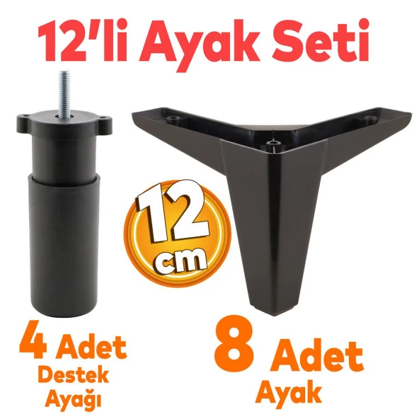 Sedir 12'li Set Mobilya Tv Ünitesi Çekyat Koltuk Kanepe Destek Ayağı 12 Cm Siyah Baza Ayakları ürün görseli 1