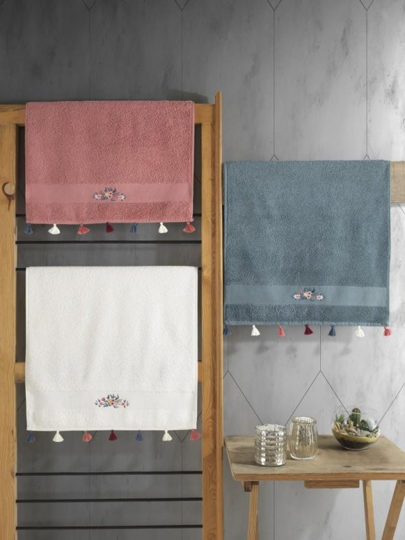 Cotton Box 100 Pamuk 3lü Nakışlı Püsküllü Havlu Seti G.Kurusu-Ekru-Petrol ürün görseli 1