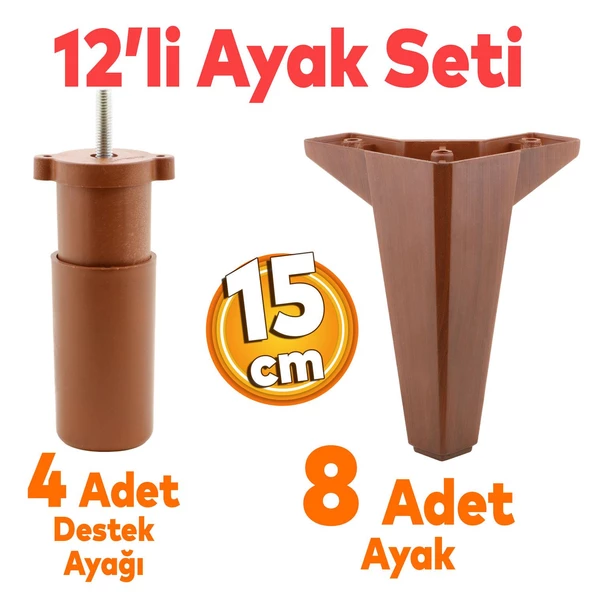 Sedir 12'li Set Mobilya Tv Ünitesi Çekyat Koltuk Kanepe Destek Ayağı 15 Cm Kahverengi Baza Ayakları ürün görseli 1