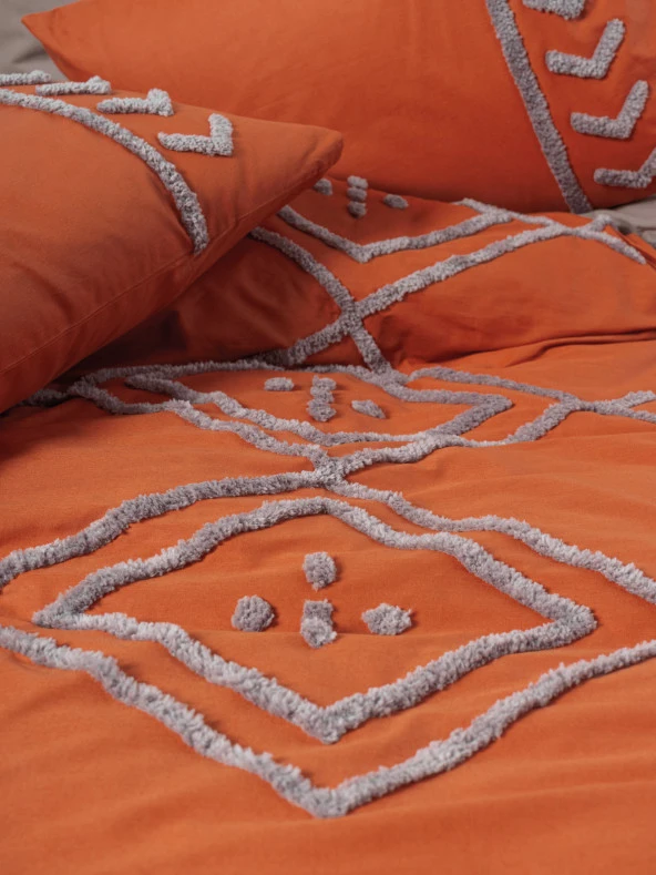 Cotton Box Puff Nakışlı Çift Kişilik Nevresim Takımı Liya Kiremit-Bej ürün görseli 1