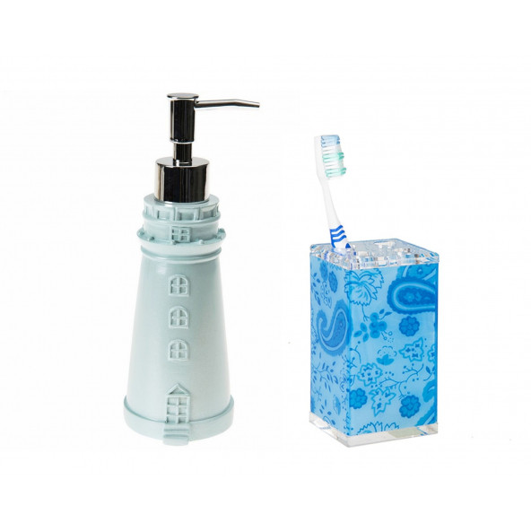 ZBOSP-C276 SIVI SABUNLUKDİŞ FIRÇALIK 2 Lİ BANYO SETİDENİZ FENERİ VE MAVİ ÇİÇEKLİ ürün görseli 1