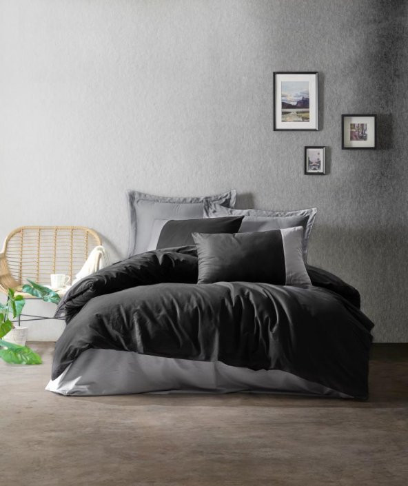 Cotton Box Plain Çift Kişilik Nevresim Takımı Siyah - Gri ürün görseli 1