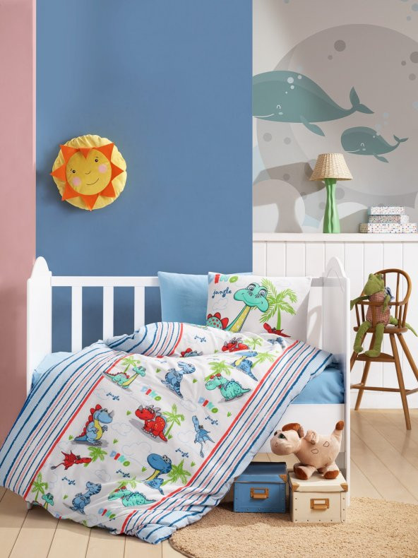 Cotton Box Flanel Bebek Nevresim Takımı Dino Mavi ürün görseli 1