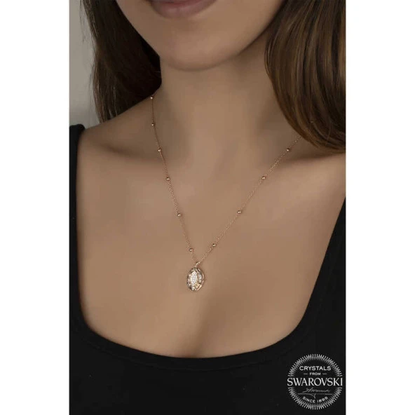 Swarovski Crystal Taşlı Rose Top Zincir Oval Gümüş Kadın Kolye ürün görseli 1