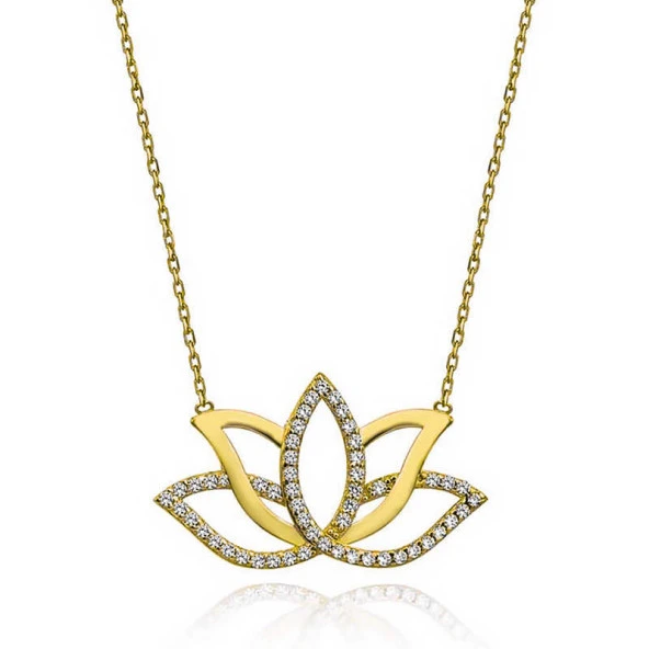 Gümüş Gold Lotus Çiçeği Kadın Kolye - Resim 2
