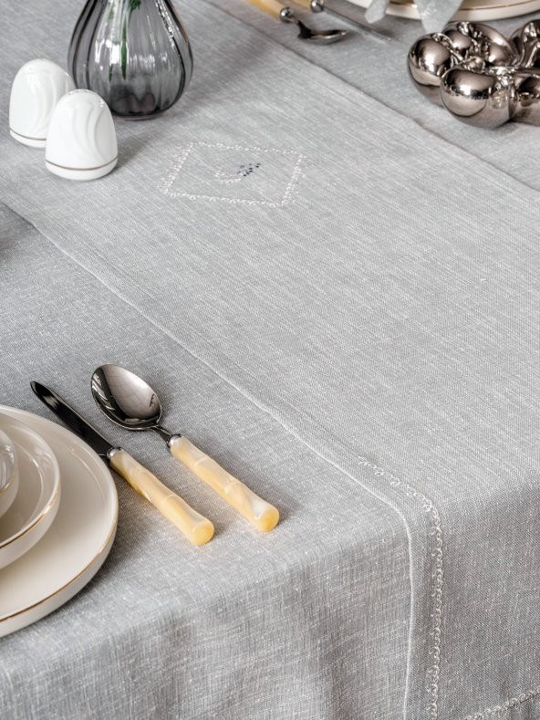 Cotton Box Keten Masa Örtüsü Takımı Pera Gri 175x240 ürün görseli 1