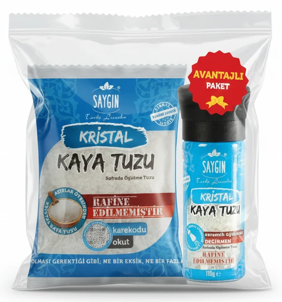 Saygın Tuz Rafine Edilmemiş Doğal Kristal Kaya Tuzu İkili Set - Paketli 500 gr + Değirmenli 250 gr ürün görseli 1