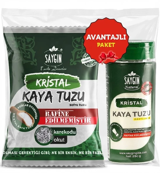 Saygın Tuz Rafine Edilmemiş Doğal Kristal Kaya Tuzu İkili Set - Paketli 500 gr + Tuzluklu 250 gr ürün görseli 1