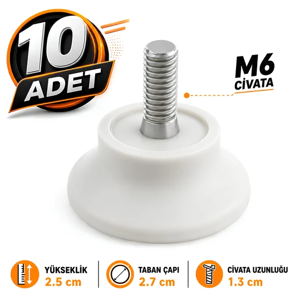 10 ADET Bingo Rotil Ayak Ayakları M6 Civatalı 6 mm Beyaz Profil Ayağı 2.5 Cm ürün görseli 1