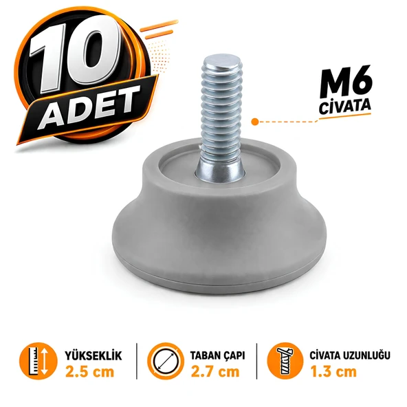 10 ADET Bingo Rotil Ayak M6 Civatalı 6 mm Gri Profil Ayağı Ayakları 2.5 Cm ürün görseli 1