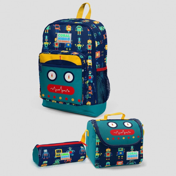Coral High Kids Lacivert Civit Robot Desenli Dört Bölmeli Okul Sırt Çantası Seti 3''lü 23472 ürün görseli 1