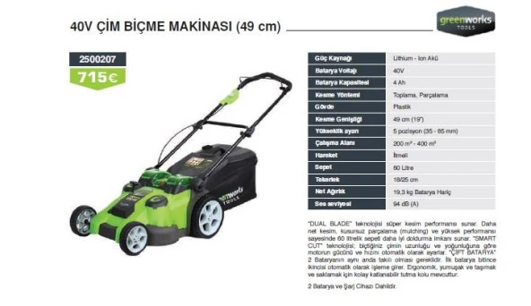 Greenworks 2500207 Akülü Çim Biçme Makinesi 40V 49cm ürün görseli 1