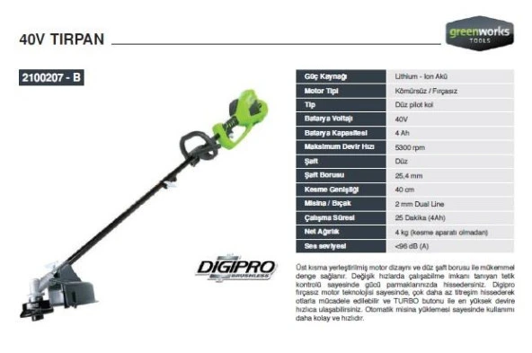 Greenworks 2100207-B 40 V Akülü Tırpan - Akü ve Şarj Aleti Dahil ürün görseli 1