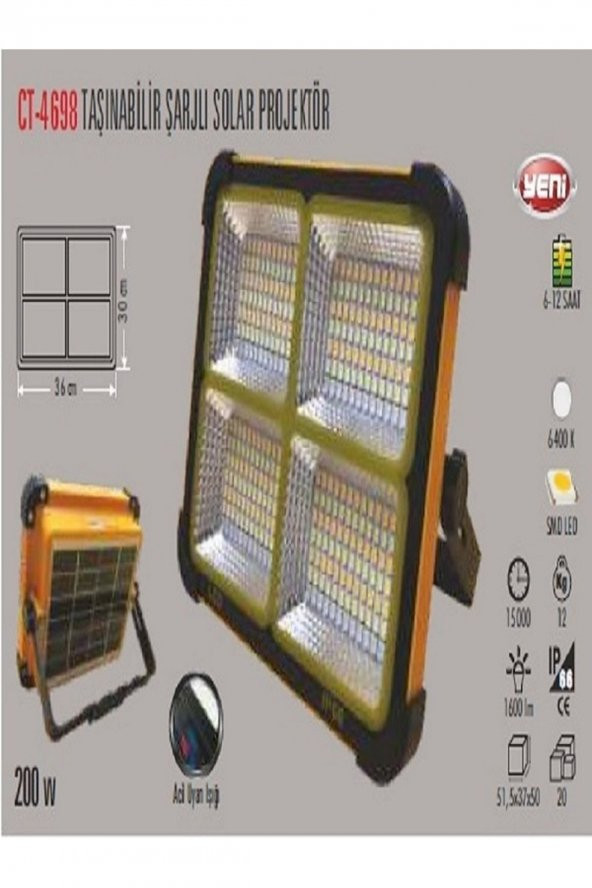 TAŞINABİLİR ŞARJLI SOLAR PROJEKTÖR ürün görseli 1
