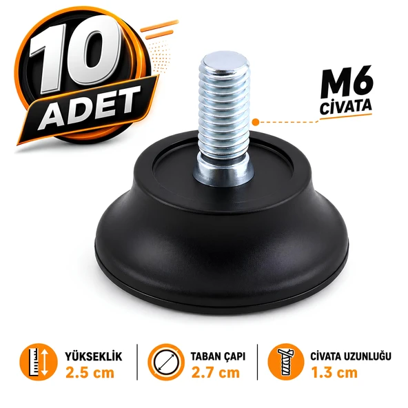 10 ADET Bingo Rotil Ayak Ayakları M6 Civatalı 6 mm Siyah Profil Ayağı 2.5 Cm ürün görseli 1