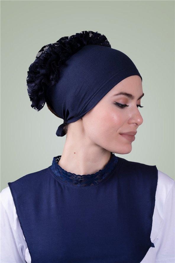 Lacivert Arkadan Bağlamalı Tesettür Bone Viskon Kumaş Fırfır Bone 1006_02 ürün görseli 1