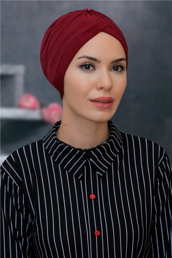 Bordo Pratik Hazır Geçmeli Tesettür Bone Sandy Kumaş Taçlı Büzgülü 1208_16 ürün görseli 1