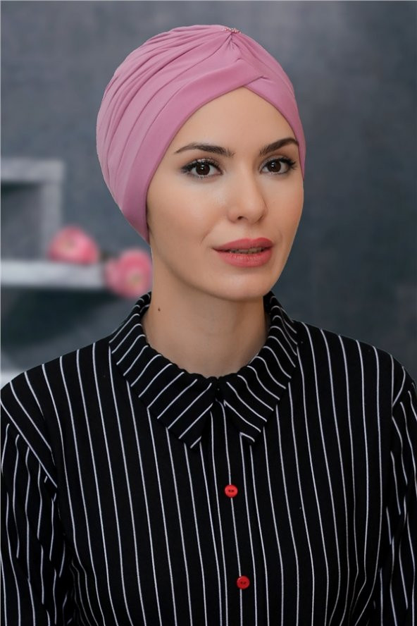 Gül Kurusu Pratik Hazır Geçmeli Tesettür Bone Sandy Kumaş Taçlı Büzgülü 1208_18 ürün görseli 1