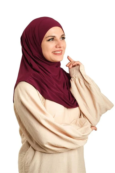 Bordo Pratik Hazır Geçmeli Tesettür Eşarp Sandy Kumaş Kendinden Boneli 1290_16 ürün görseli 1