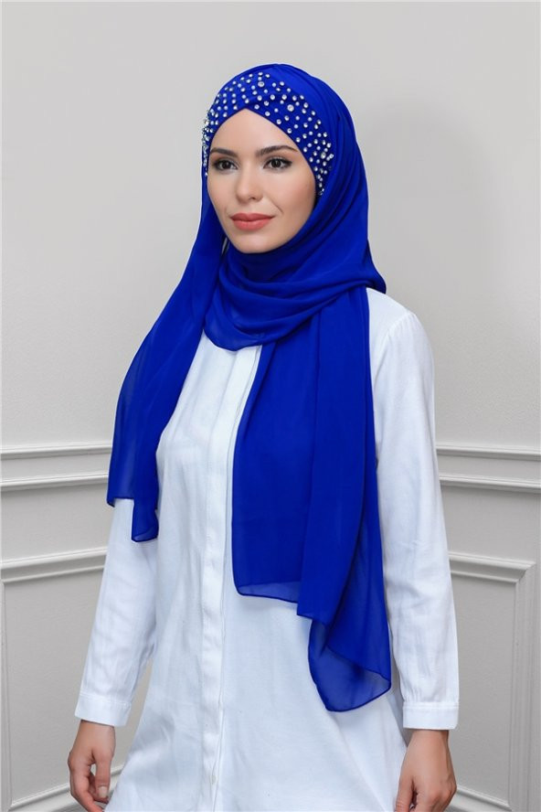 Saks Mavisi Pratik Hazır Geçmeli Bone Şal Şifon Kendinden Boneli Taşlı Elişi İşlemeli 1450_24 ürün görseli 1