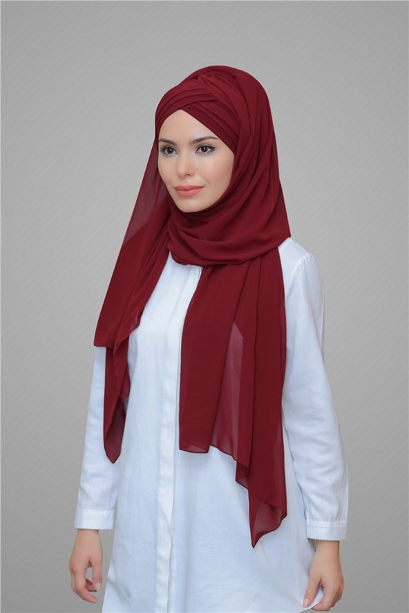 Bordo Pratik Hazır Geçmeli Bone Şal Şifon Kendinden Boneli Üç Bantlı 1451_16 ürün görseli 1