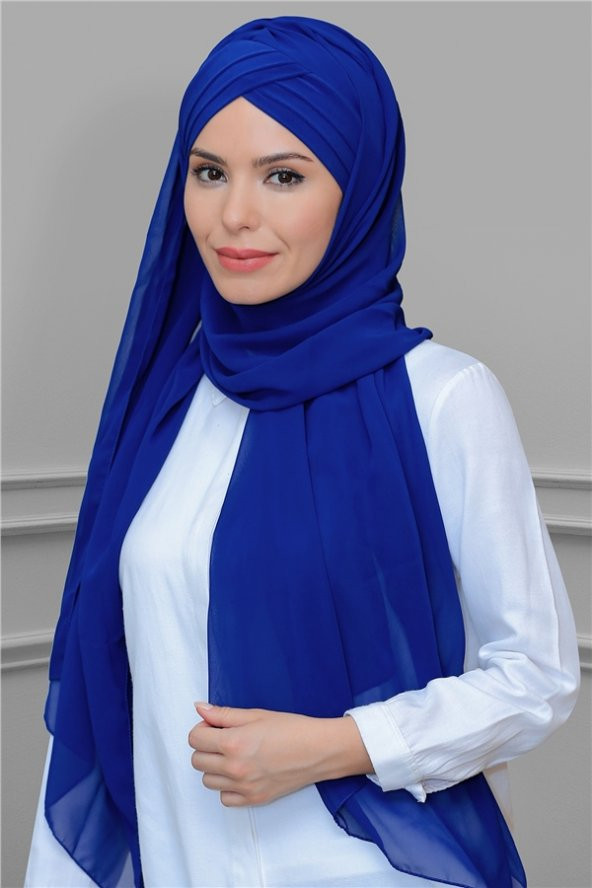 Saks Mavisi Pratik Hazır Geçmeli Bone Şal Şifon Kendinden Boneli Üç Bantlı 1451_24 ürün görseli 1