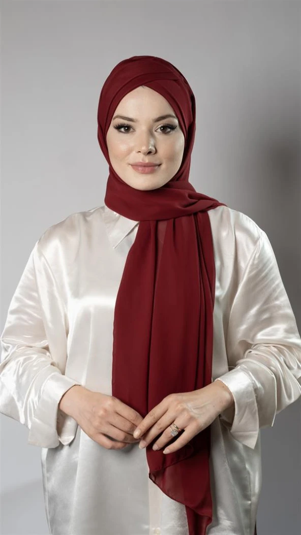 Bordo Pratik Hazır Geçmeli Bone Şal Şifon Kendinden Boneli İki Bantlı 1452_16 ürün görseli 1