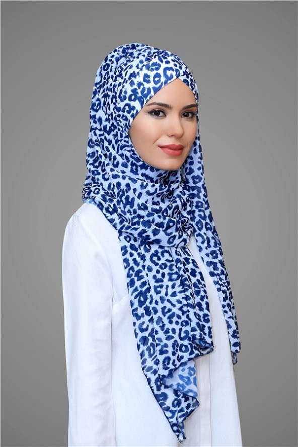 Lacivert-Leopar Pratik Hazır Geçmeli Bone Şal Şifon Kendinden Boneli Desenli 1454_02 ürün görseli 1