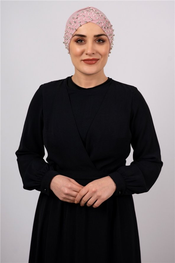Pudra Pratik Hazır Geçmeli Tesettür Bone Sandy Kumaş Taşlı 1456_06 ürün görseli 1