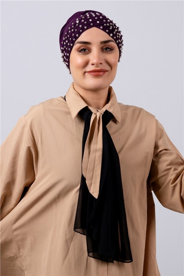 Mürdüm Pratik Hazır Geçmeli Tesettür Bone Sandy Kumaş Taşlı 1456_07 ürün görseli 1