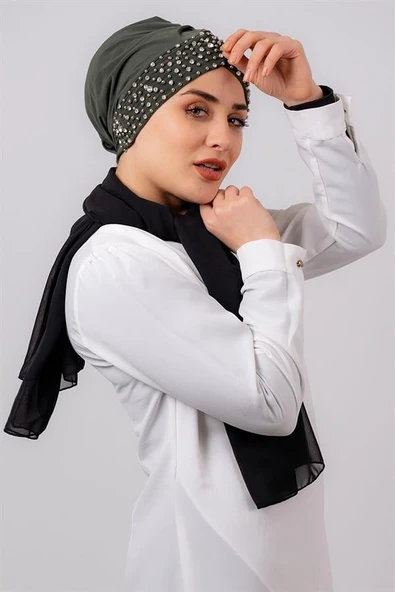 Haki Pratik Hazır Geçmeli Tesettür Bone Sandy Kumaş Taşlı 1456_09 ürün görseli 1