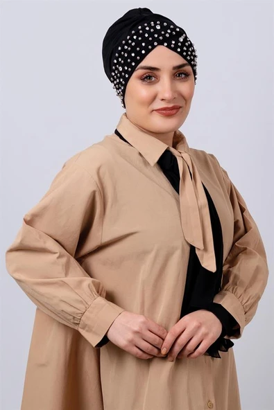 Siyah Pratik Hazır Geçmeli Tesettür Bone Sandy Kumaş Taşlı 1456_01 ürün görseli 1