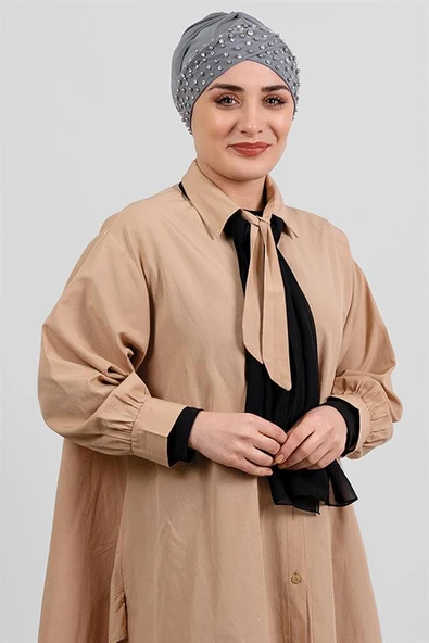 Gri Pratik Hazır Geçmeli Tesettür Bone Sandy Kumaş Taşlı 1456_15 ürün görseli 1