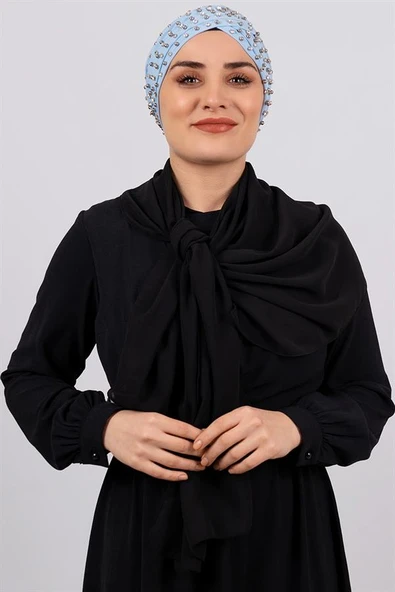 Bebe Mavisi Pratik Hazır Geçmeli Tesettür Bone Sandy Kumaş Taşlı 1456_11 ürün görseli 1