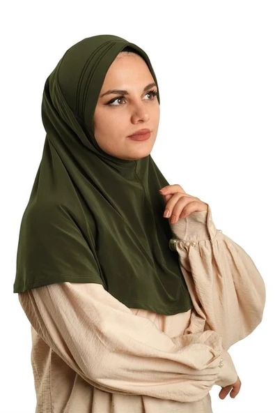 Haki Pratik Hazır Geçmeli Tesettür Eşarp Sandy Kumaş Sade 1600_09 ürün görseli 1