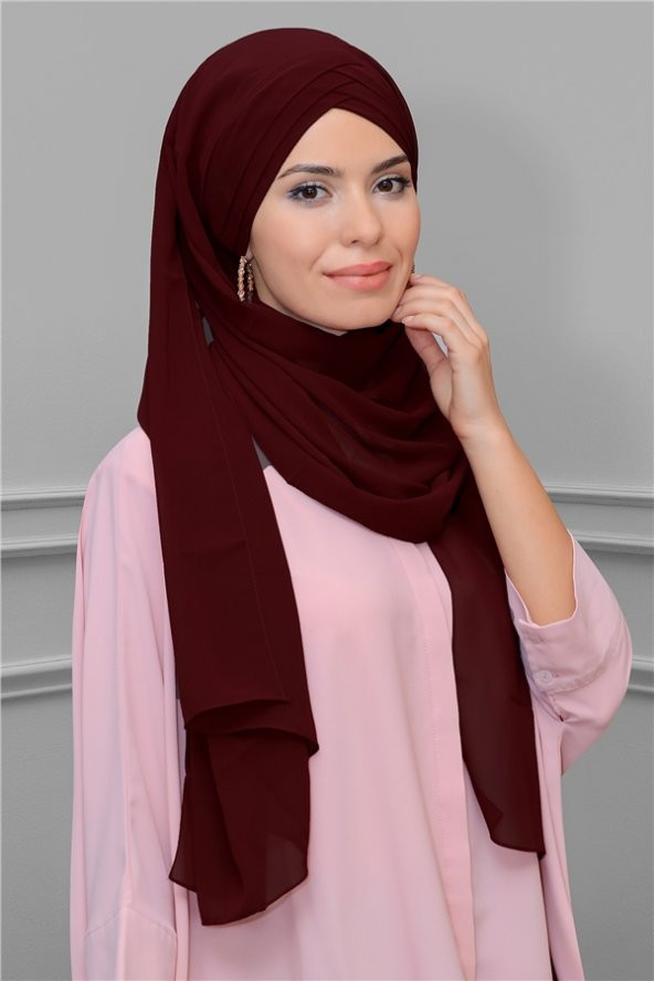 Bordo Arkadan Bağlamalı Şal Şifon Çapraz Üç Bantlı 1457_16 ürün görseli 1