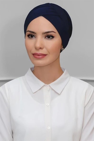 Lacivert Pratik Hazır Geçmeli Tesettür Bone Sandy Kumaş Çapraz Büzgülü 1801_02 ürün görseli 1