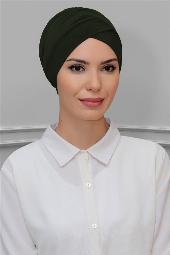 Haki Pratik Hazır Geçmeli Tesettür Bone Sandy Kumaş Çapraz Büzgülü 1801_09 ürün görseli 1
