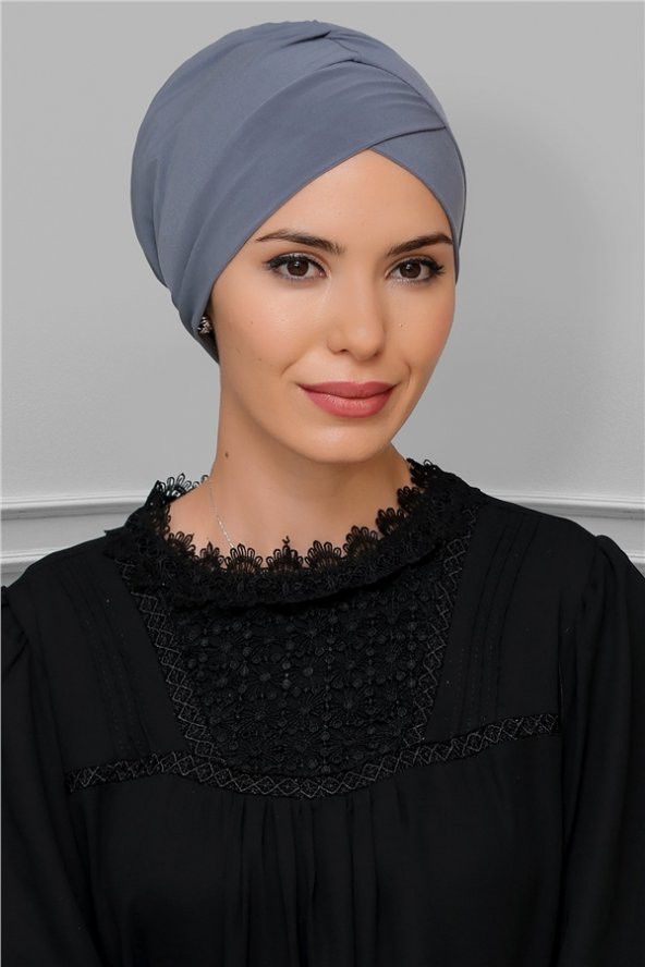 Gri Pratik Hazır Geçmeli Tesettür Bone Sandy Kumaş Çapraz Büzgülü 1801_15 ürün görseli 1