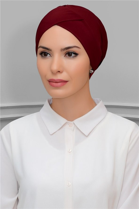 Bordo Pratik Hazır Geçmeli Tesettür Bone Sandy Kumaş Çapraz Büzgülü 1801_16 ürün görseli 1