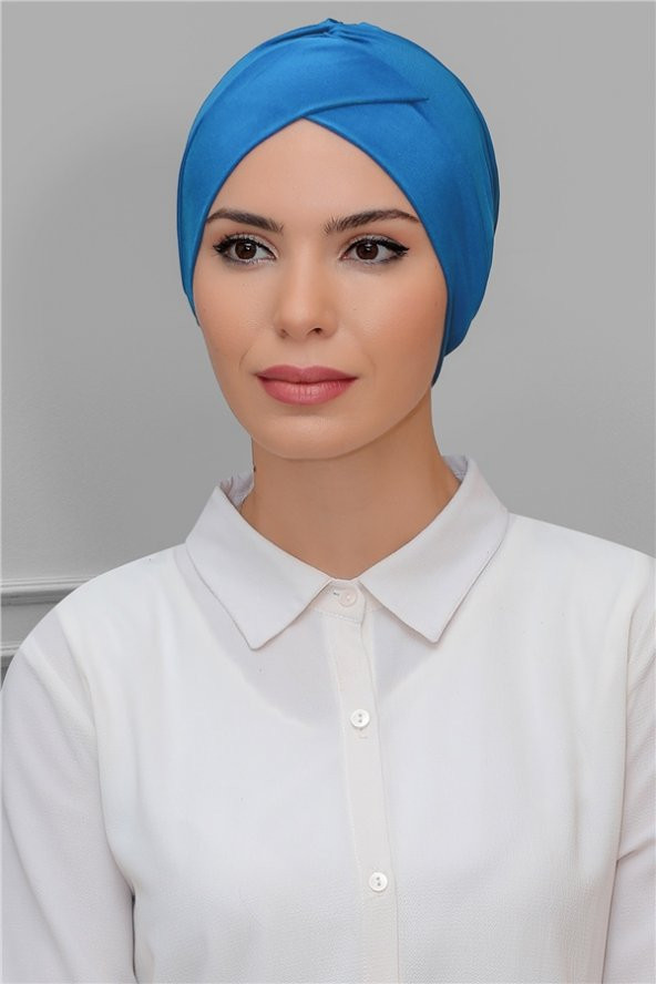 Mavi Pratik Hazır Geçmeli Tesettür Bone Sandy Kumaş Çapraz Büzgülü 1801_34 ürün görseli 1
