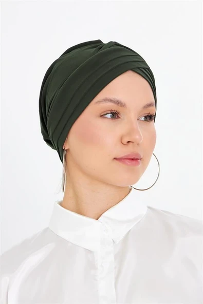 Haki Pratik Hazır Geçmeli Tesettür Bone Sandy Kumaş Üç Çapraz 1803_09 ürün görseli 1