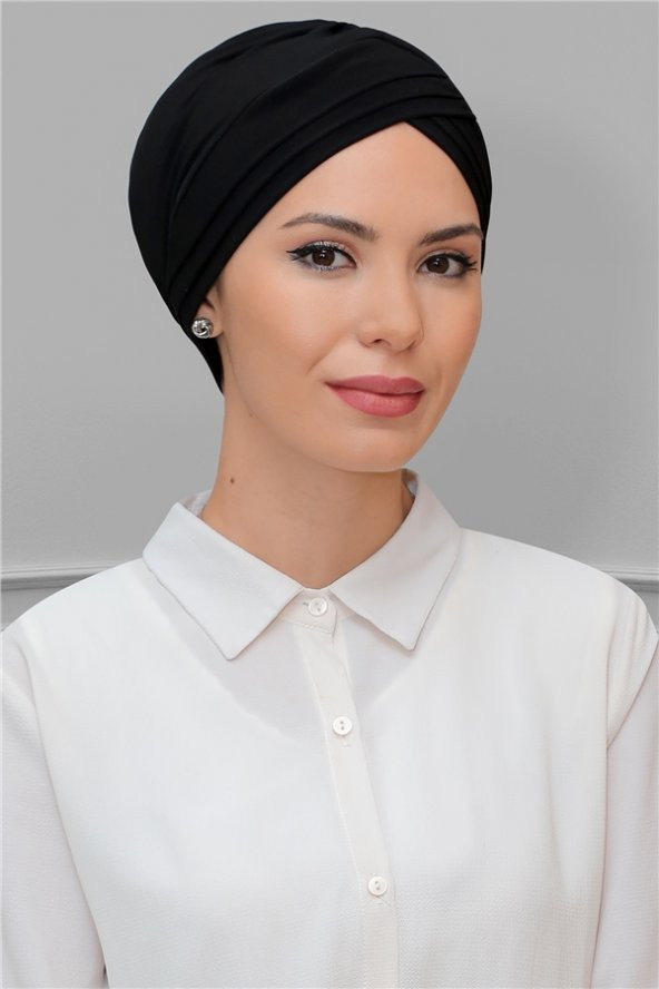 Siyah Pratik Hazır Geçmeli Tesettür Bone Sandy Kumaş Üç Çapraz 1803_01 ürün görseli 1