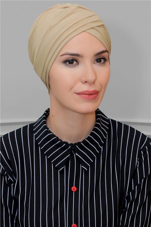 Bej Pratik Hazır Geçmeli Tesettür Bone Sandy Kumaş Üç Çapraz 1803_12 ürün görseli 1